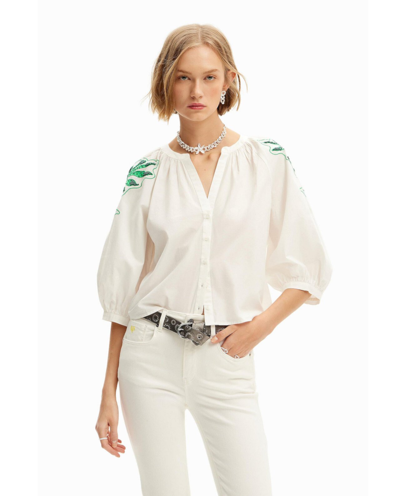 Women's V-neck embroidered blouse Desigual