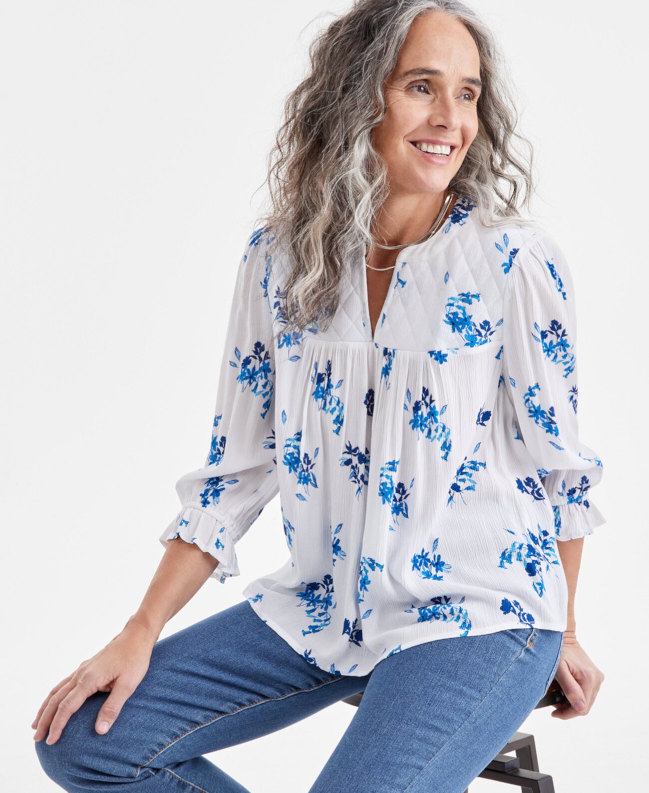 Women's Printed Quilted Split-Neck Blouse, Exclusively at Macy's Style & Co