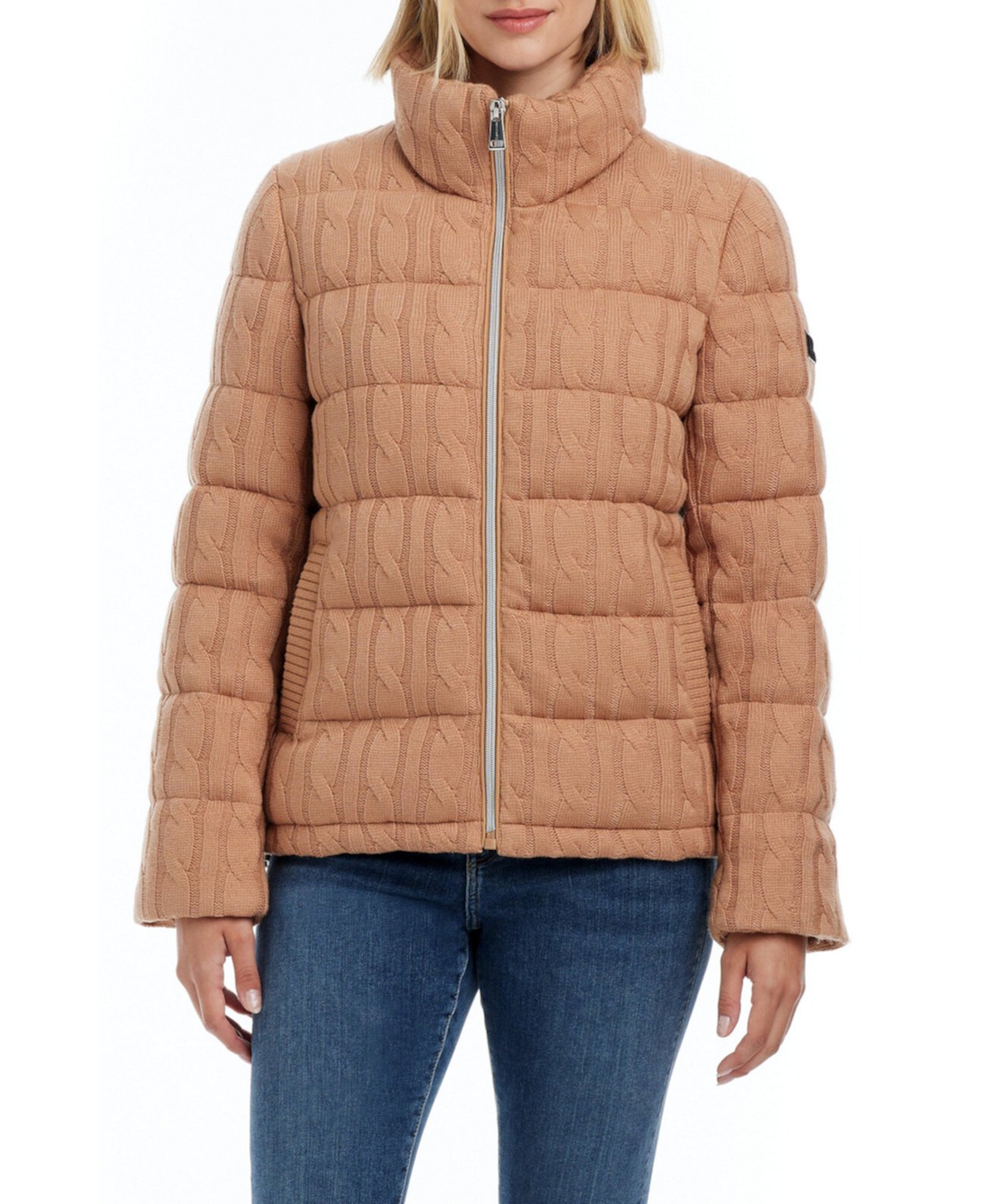 Women's Single-Breasted Cable Knit + Cire Mix Puffer Jacket Sanctuary