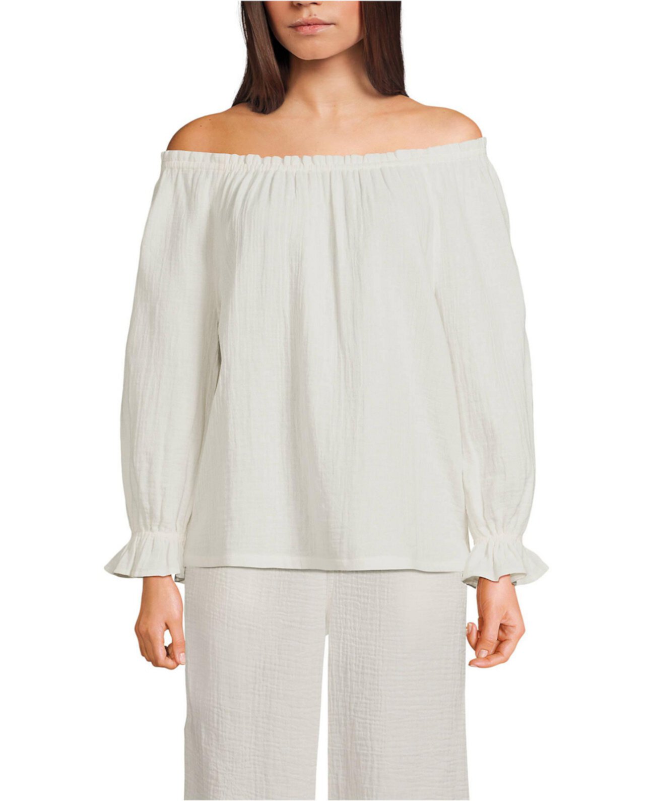 Women's 3/4 Sleeve Gauze On or Off the Shoulder Blouse Lands' End