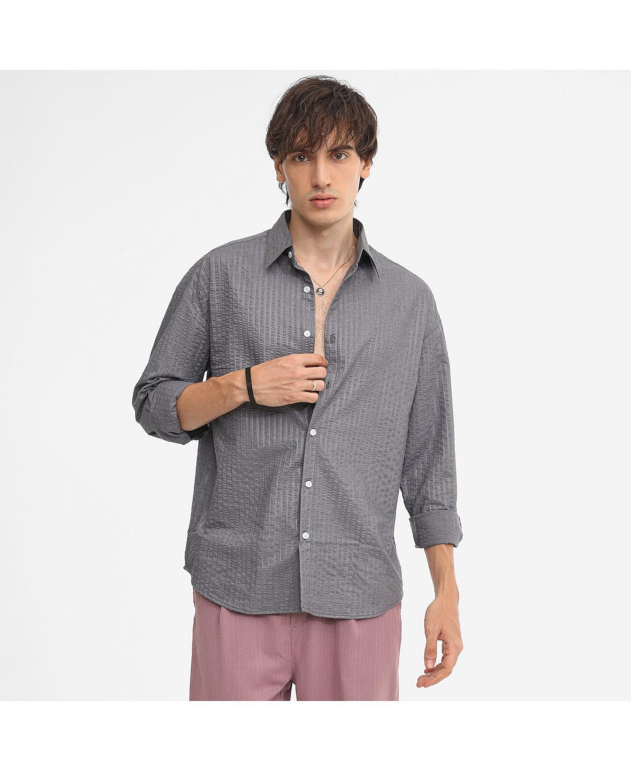 Men's Moon Grey Seersucker Shirt Campus Sutra