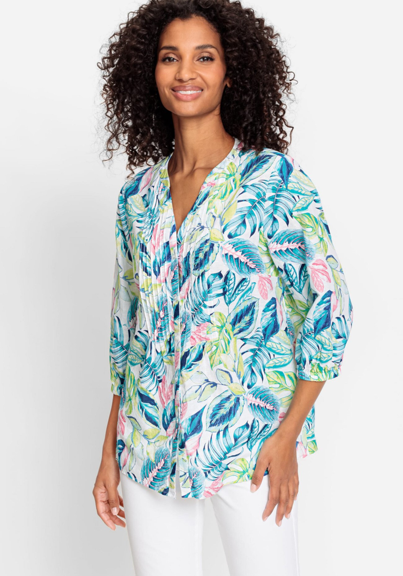 Women's Cotton Linen 3/4 Tropic Print Tunic Shirt Olsen