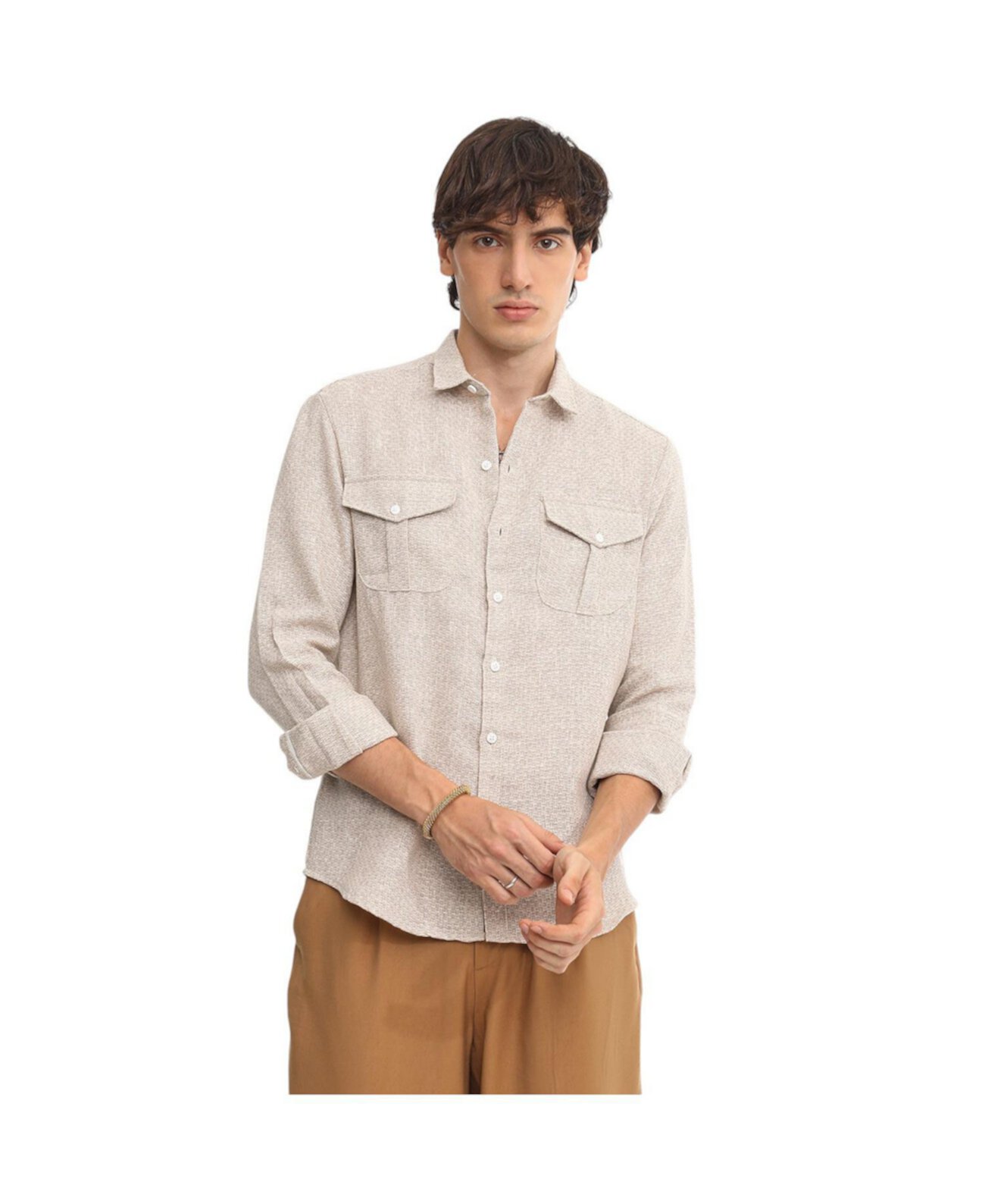 Men's Tan Brown & Ivory White Basket-Weave Shirt Campus Sutra