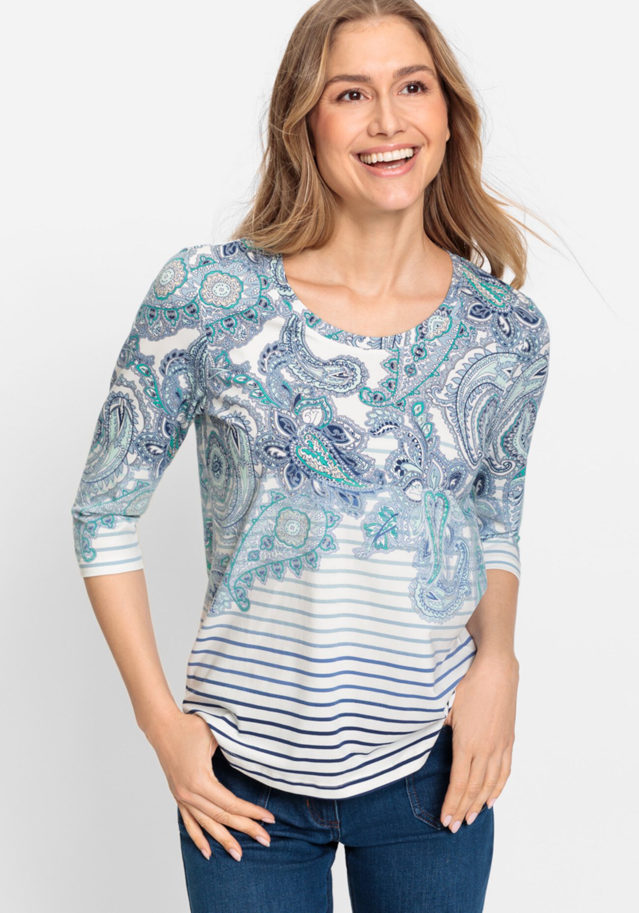 Women's Cotton Blend 3/4 Sleeve Paisley & Stripe T-Shirt Olsen