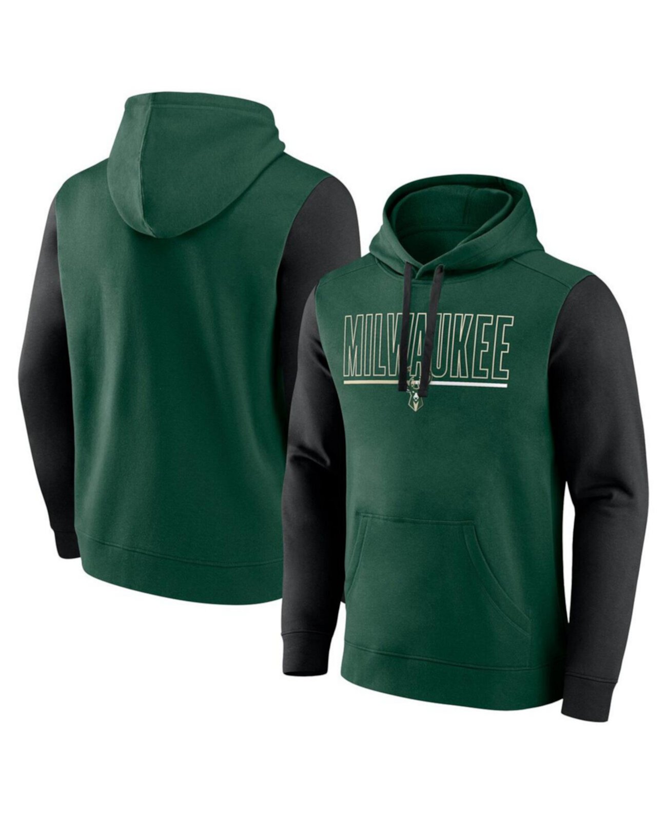 Men's Hunter Green Milwaukee Bucks Outline Colorblock Pullover Hoodie Logo Athletic