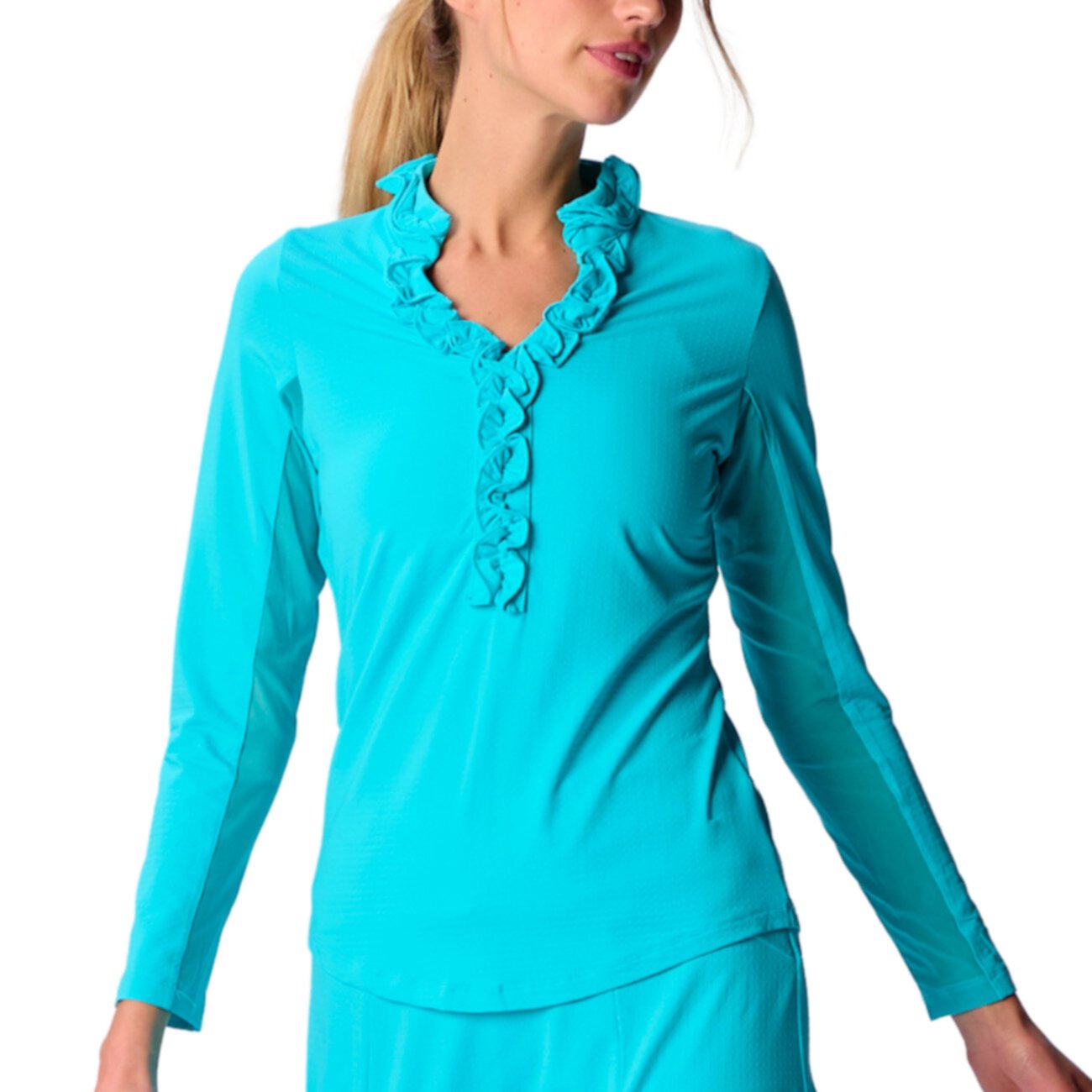 Women's LONG SLEEVE DOUBLE RUFFLE TOP TILE BLUE XLarge G Lifestyle Clothing