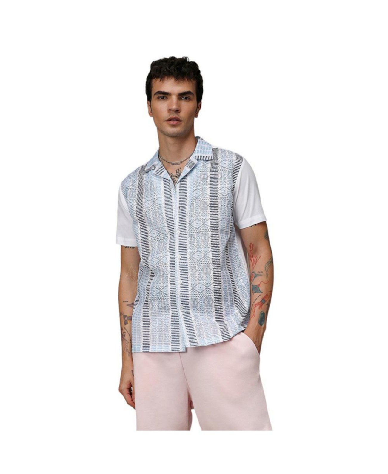 Men's Sky Blue & Midnight Black Fish Eye Ethnic Shirt Campus Sutra