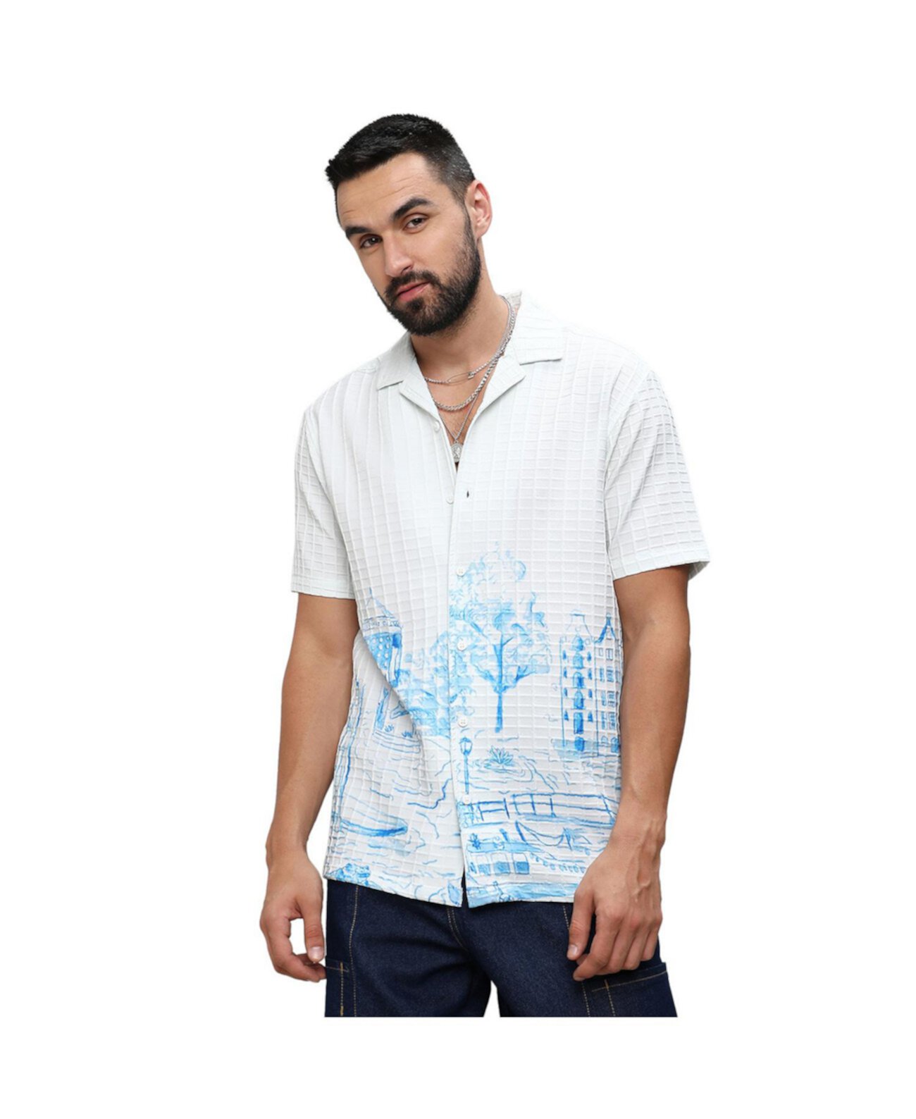 Men's Chalk White:Azure Blue Landscape Strokes Shirt Campus Sutra