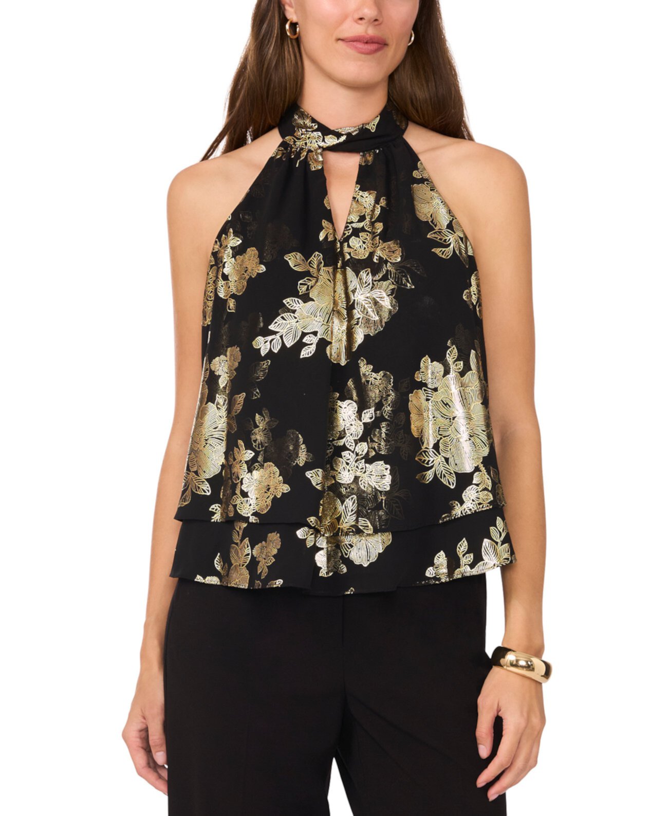 Petite Floral Metallic Sleeveless Keyhole Top Msk