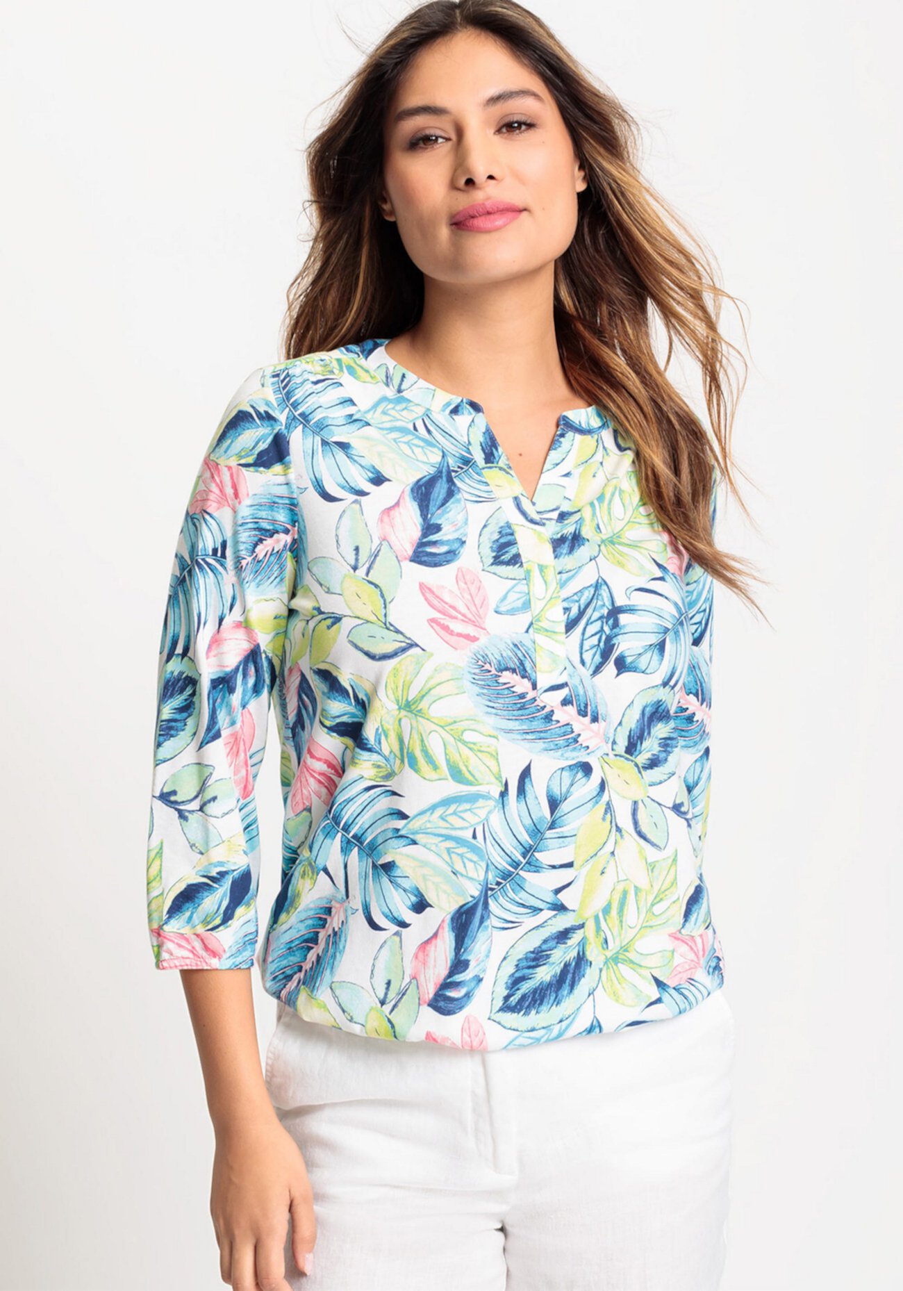 Women's 3/4 Sleeve Tropic Print Tunic Tee Olsen