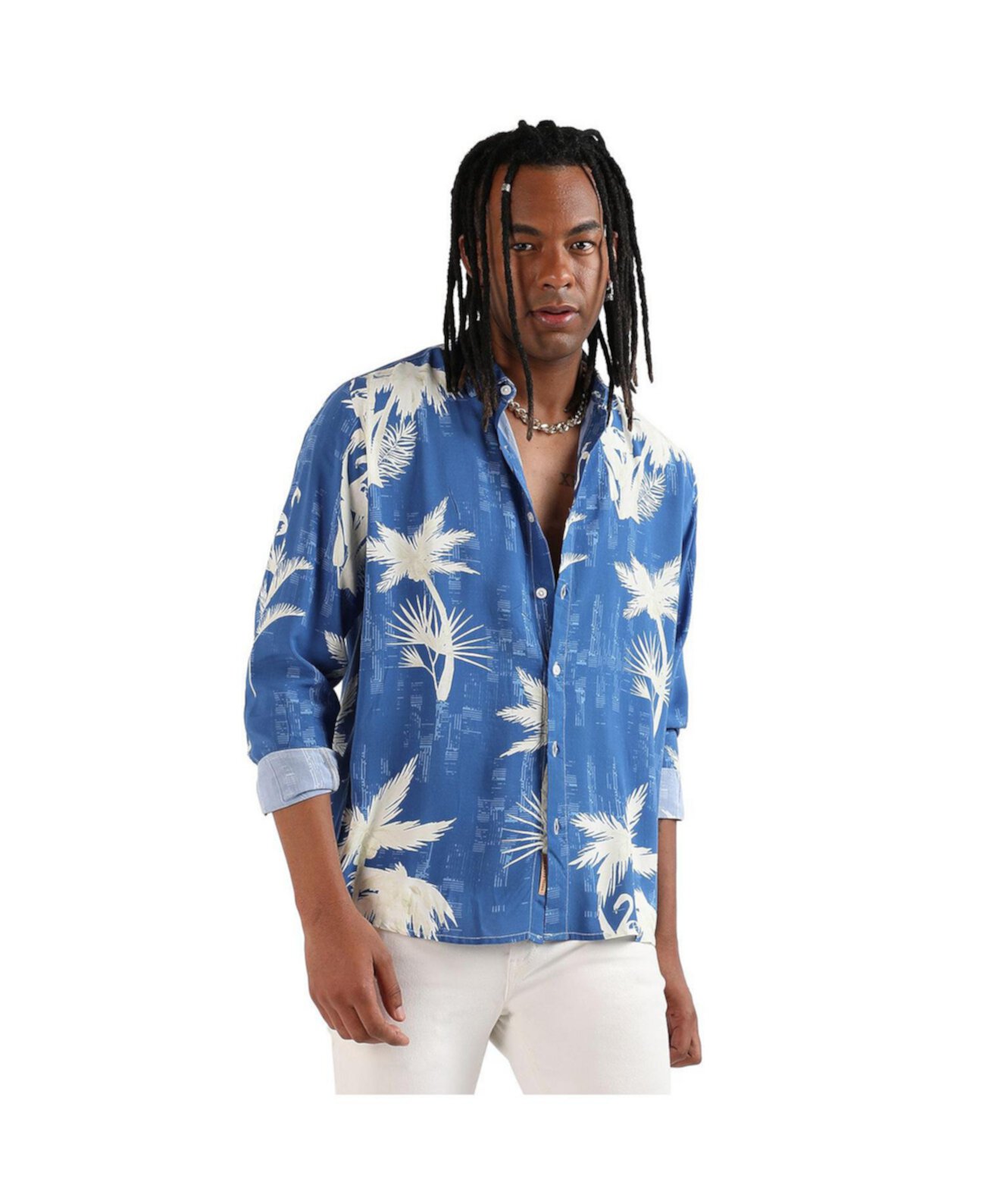 Men's EcoLiva Cobalt Blue Palm Tree Shirt Campus Sutra