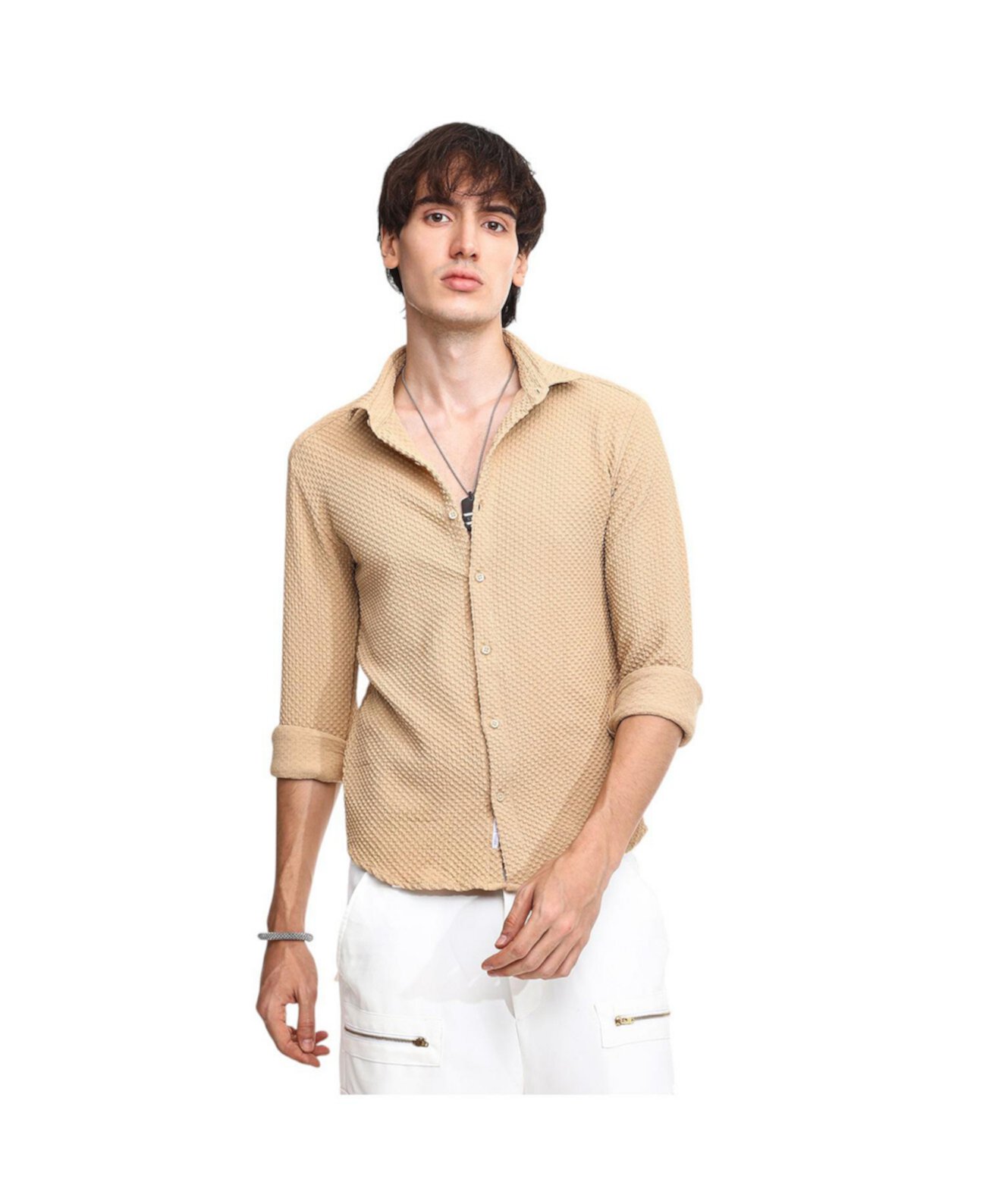 Men's Tan Brown Micro Cubic-Textured Shirt Campus Sutra