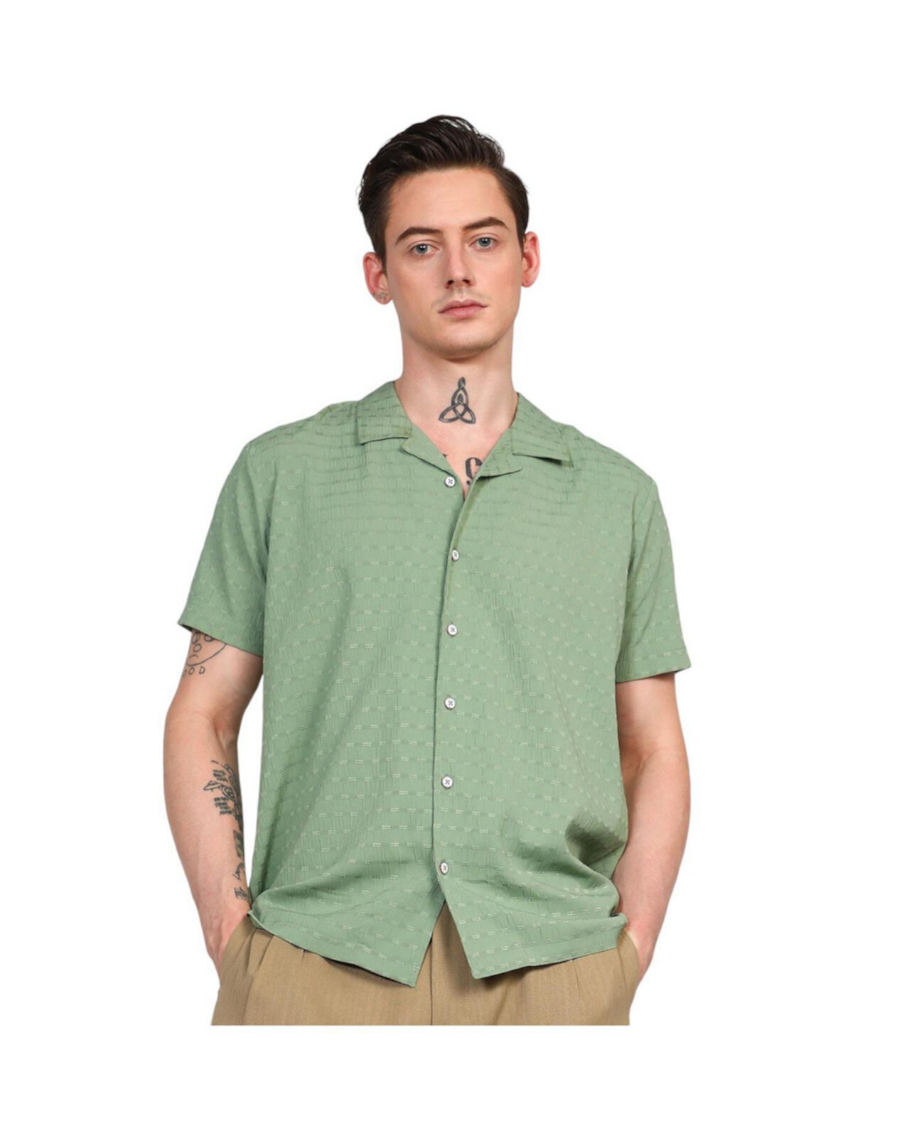 Men's Pistachio Green Embroidered Creased Shirt Campus Sutra