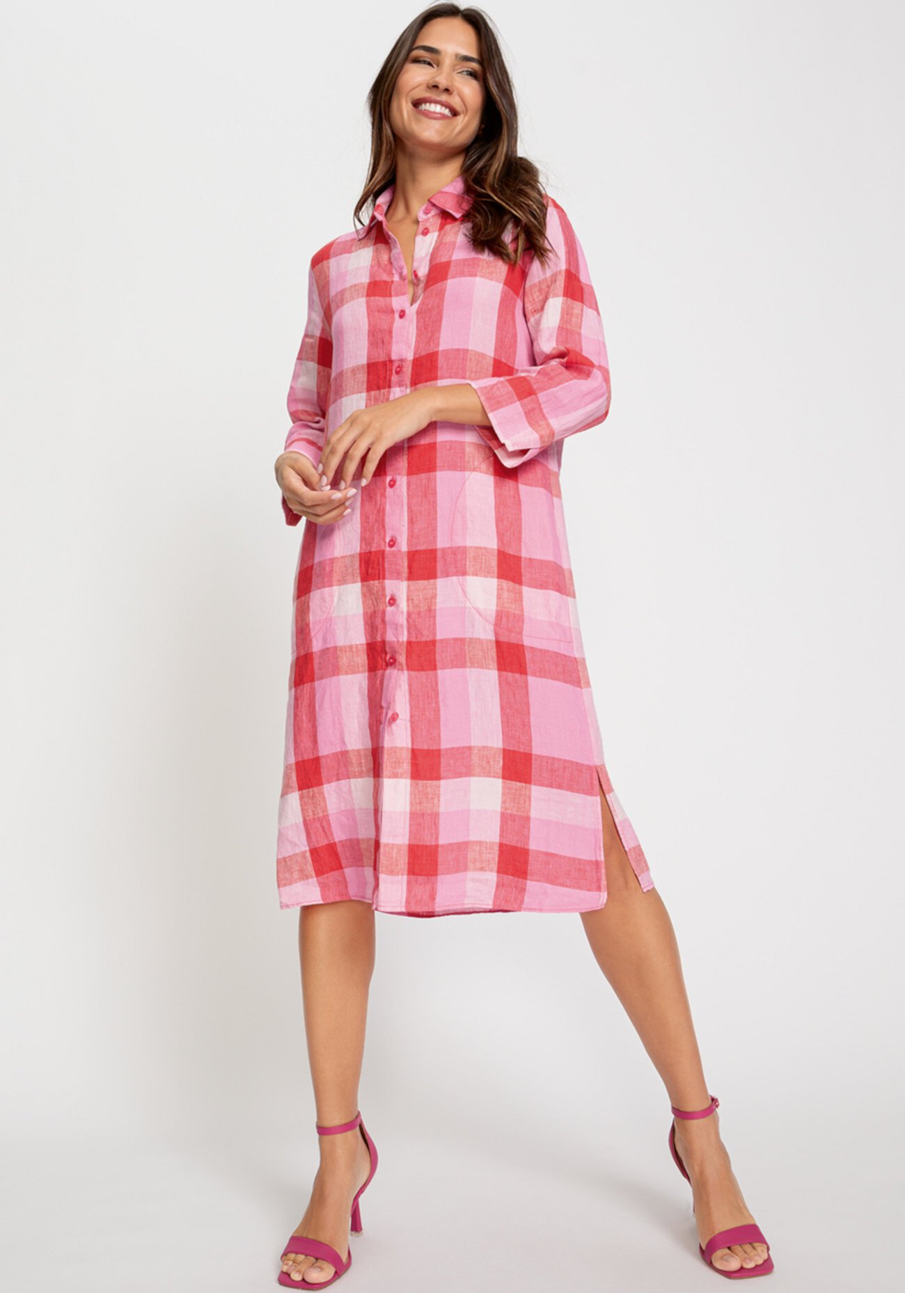 Women's 100% Linen Plaid Shirt Dress Olsen