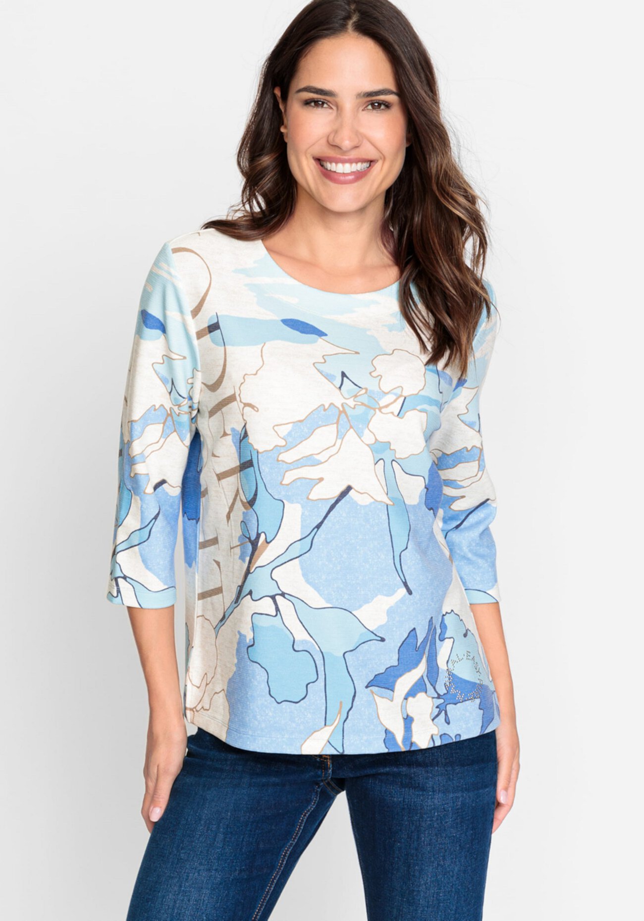 3/4 Sleeve Abstract Print Jersey Top Olsen