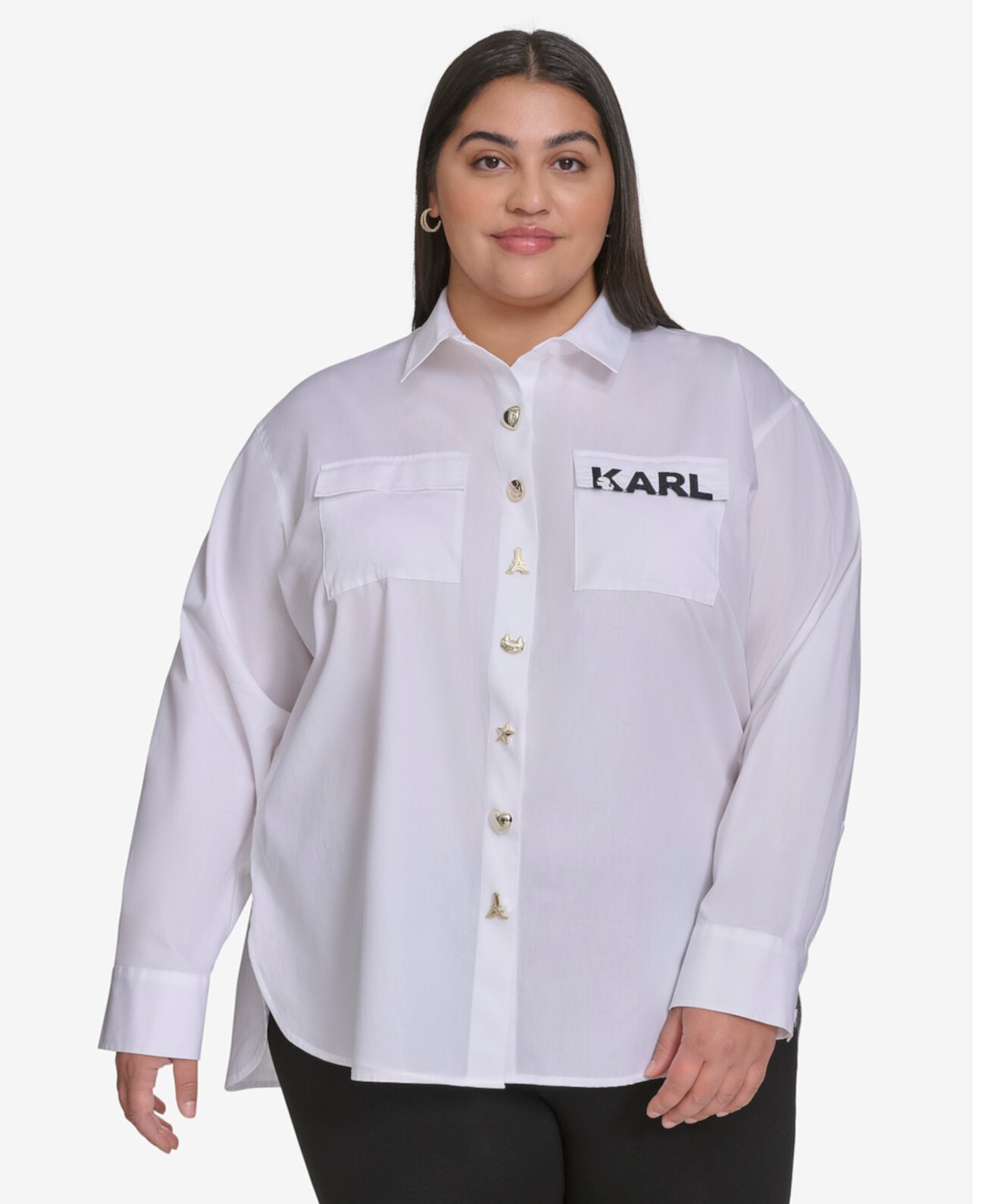 Plus Size Cotton Poplin Motif Button-Up Shirt, Exclusively at Macy's Karl Lagerfeld Paris