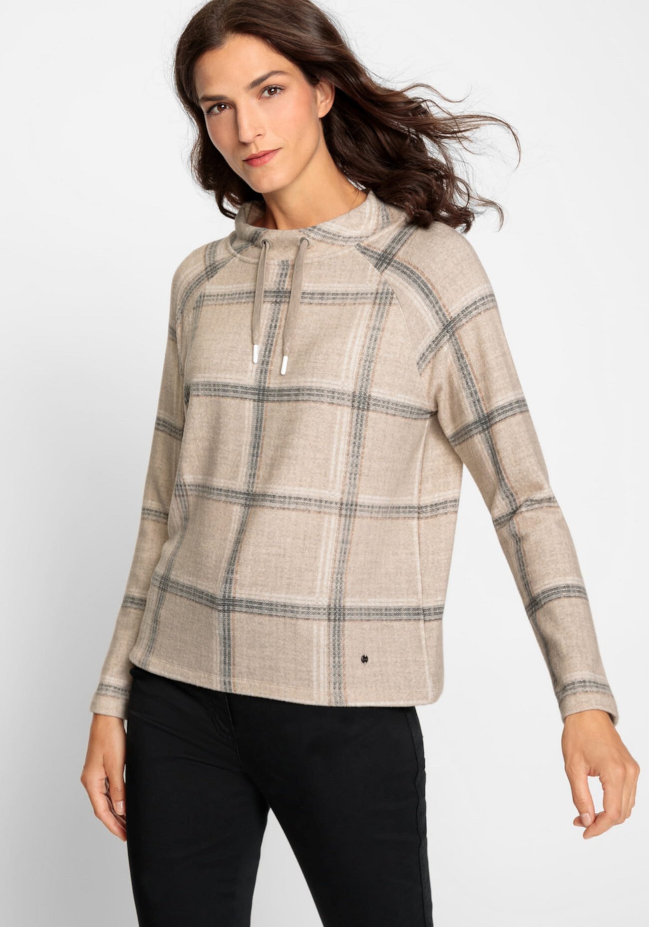 Long Sleeve Plaid Jersey Knit Funnel Neck Top Olsen