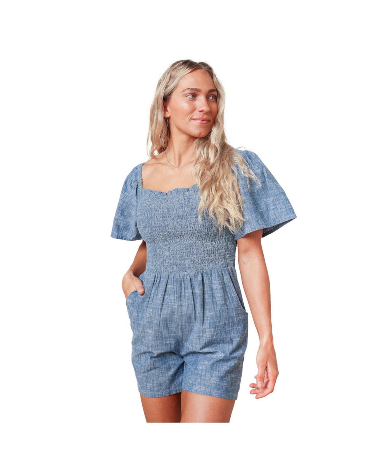 Women's Bell Sleeve Smocked Chambray Romper Hope & Henry