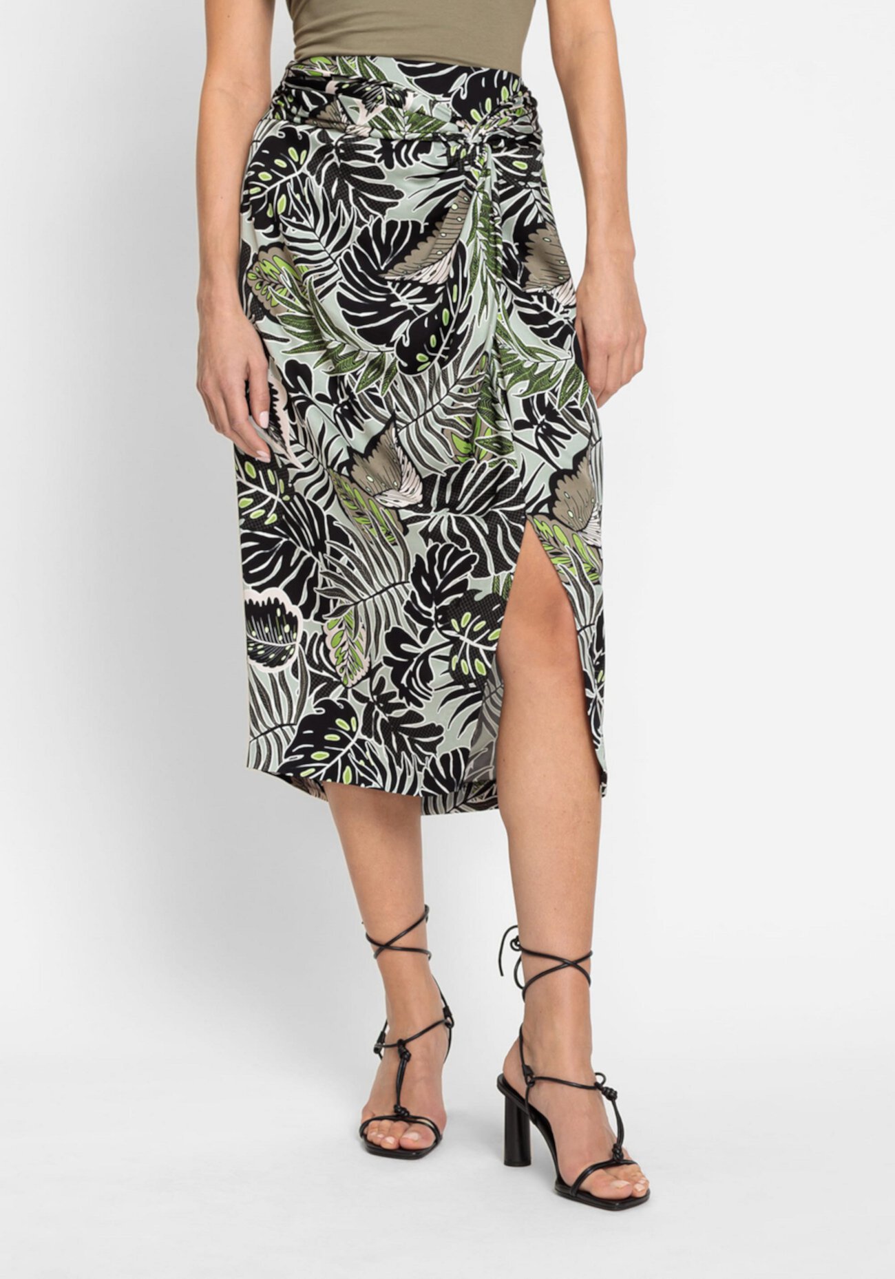 Women's Satin Effect Midi Skirt with Leaf Print Olsen