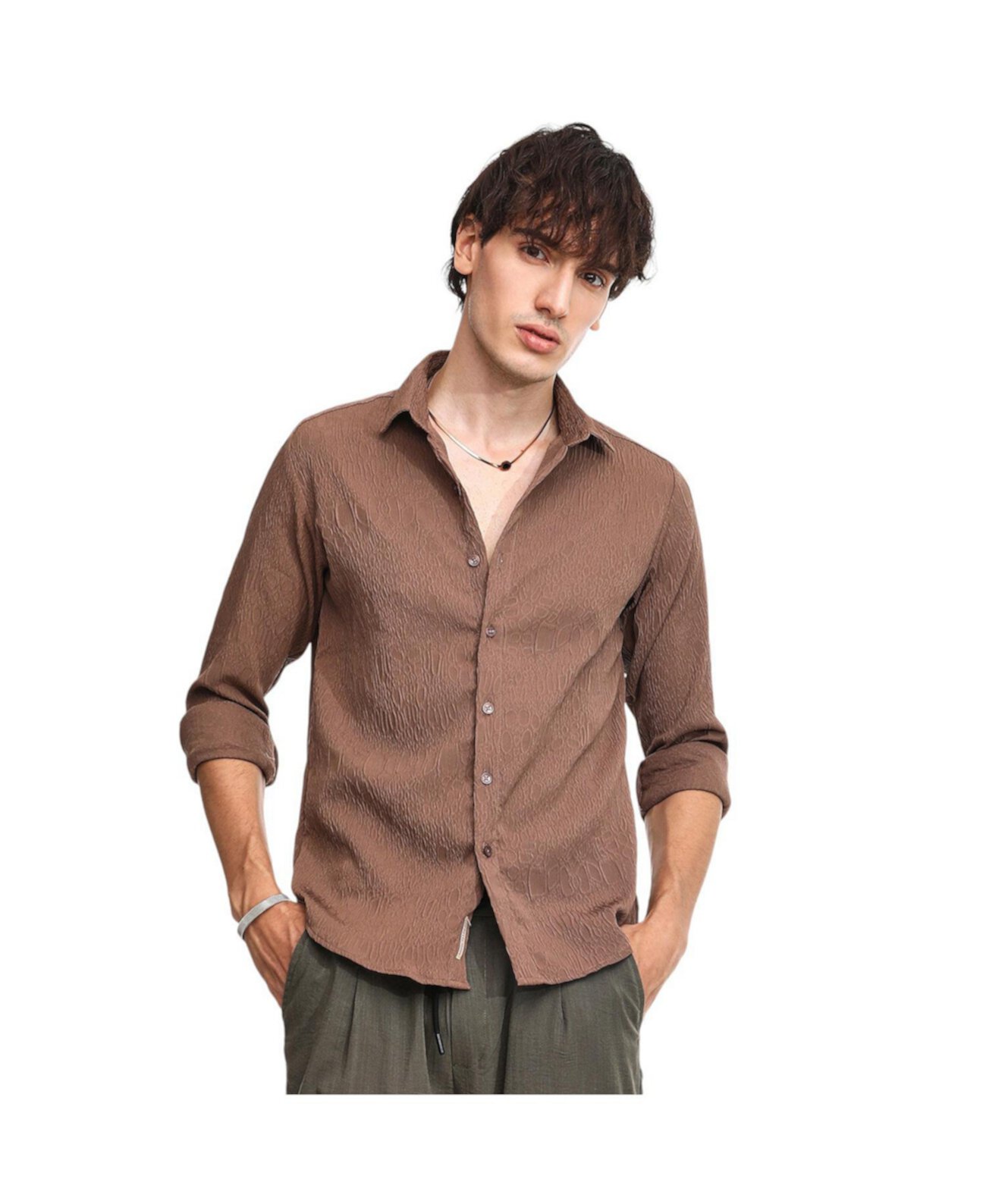 Men's Ash Brown Veined-Textured Shirt Campus Sutra