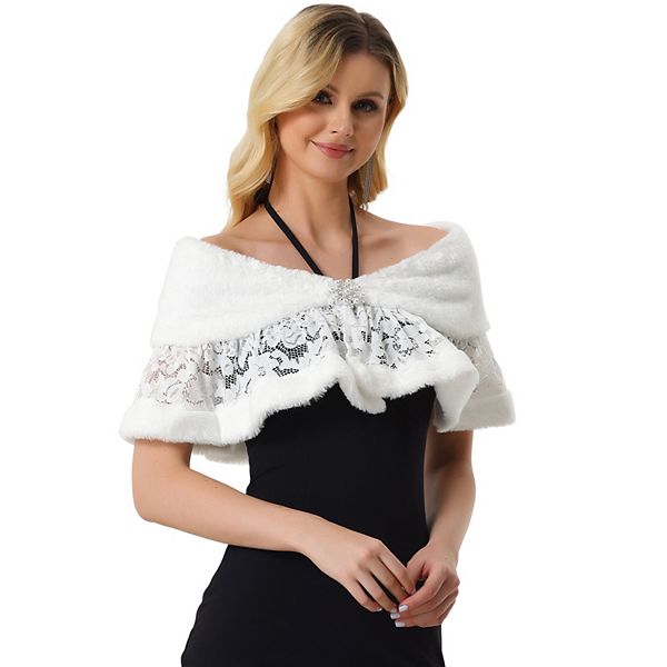 Women's Wedding Cape For Dress Lace Trim Evening Faux Fur Shawl Shrug Allegra K