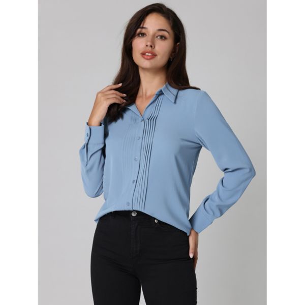 Women's Work Shirt Long Sleeve Pleated Button Down Blouse Hombety