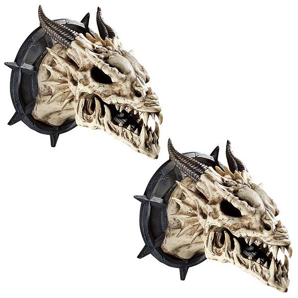 Horned Dragon Skull Trophy Wall Sculptures: Set Of Two Design Toscano