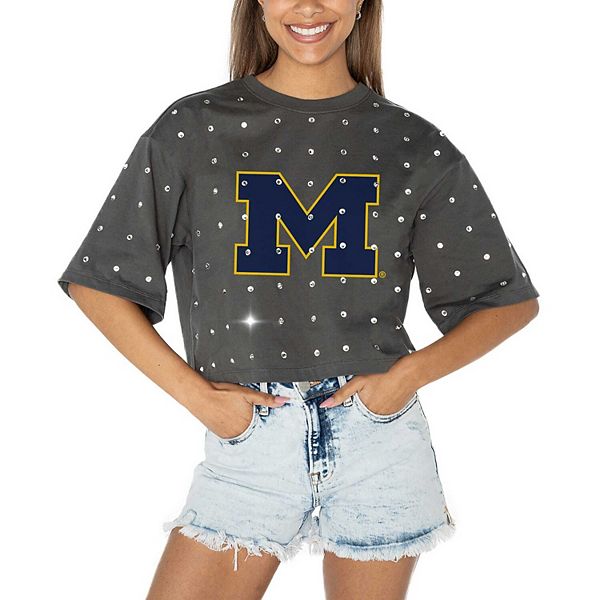 Women's Gameday Couture Gray Michigan Wolverines Go Time Rhinestone Crop T-Shirt Gameday Couture