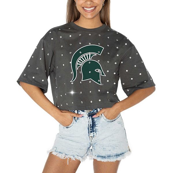 Women's Gameday Couture Gray Michigan State Spartans Go Time Rhinestone Crop T-Shirt Gameday Couture