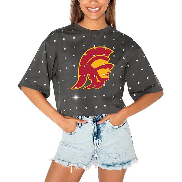 Women's Gameday Couture Gray USC Trojans Go Time Rhinestone Crop T-Shirt Gameday Couture