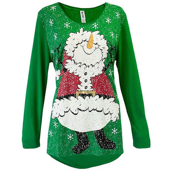 Santa Snowman Women's Adult Dropped Back Hem Long Sleeve Swing Top MCCC Sportswear