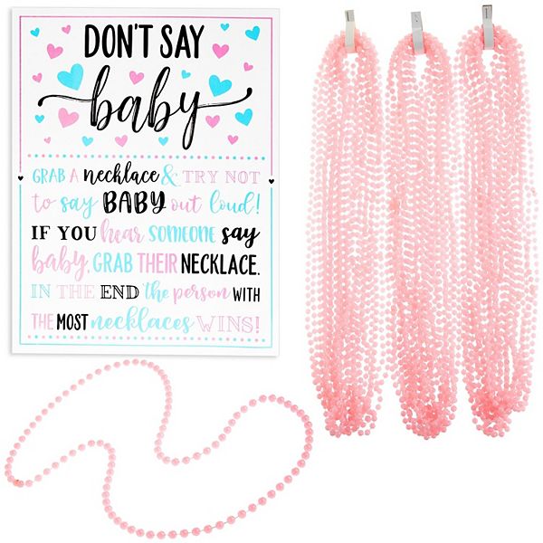 Don't Say Baby Baby Shower Game With 36 Pink Bead Necklaces And 1 Easel Sign Sparkle and Bash