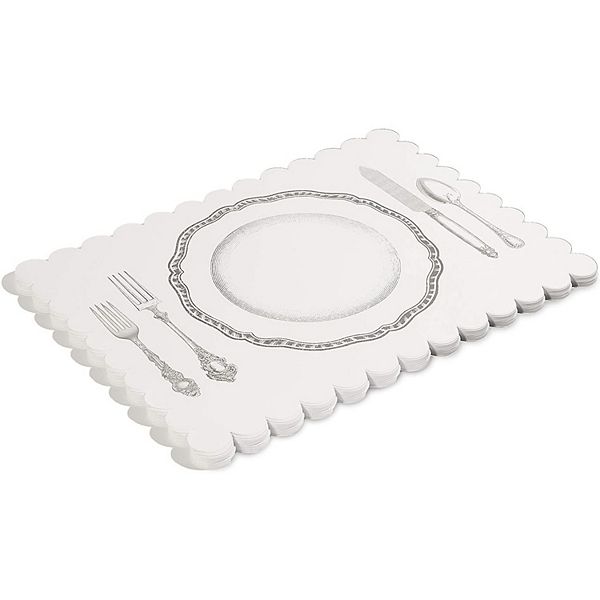 Paper Placemats For Table, White Mats With Scalloped Edge (14 X 10 In, 100 Pack) Sparkle and Bash