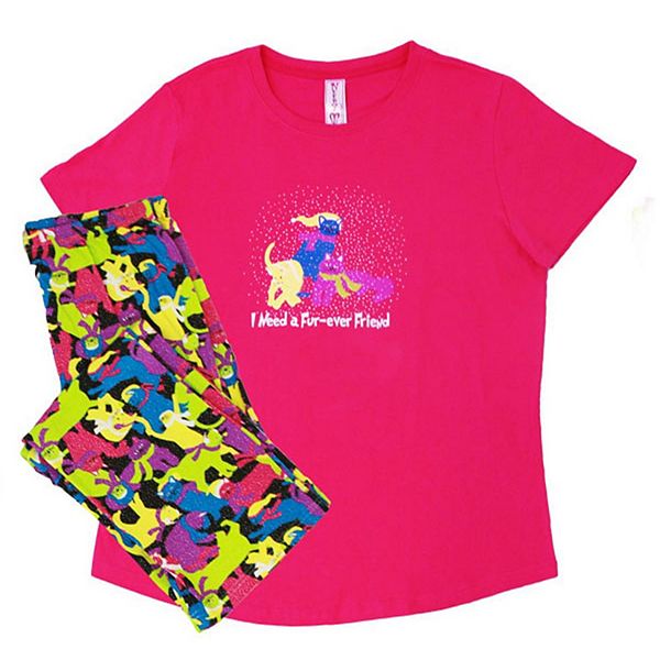 Pink And Yellow Fur-ever Cats Women's Adult Short Sleeve Pajama Sleepwear Set - Medium MCCC Sportswear