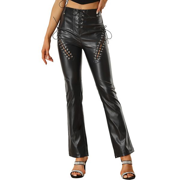 Women's Pu Leather Pants Lace Up High Waist Cut Out Drawstring Gothic Punk Trousers Allegra K