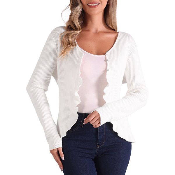 Long Sleeve Shrug For Women's Buttons Stretchy Ruffle V Neck Sweater Cardigan Allegra K