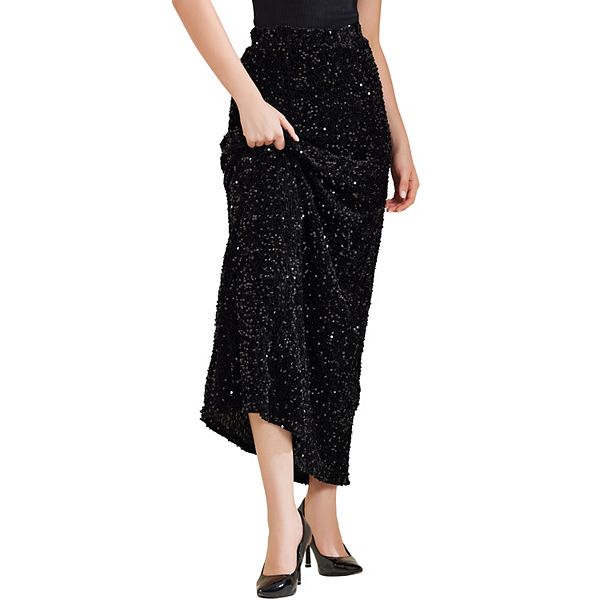 Sequin Velvet Skirt For Women's Elastic Waist Sparkle Party Maxi Skirt Allegra K