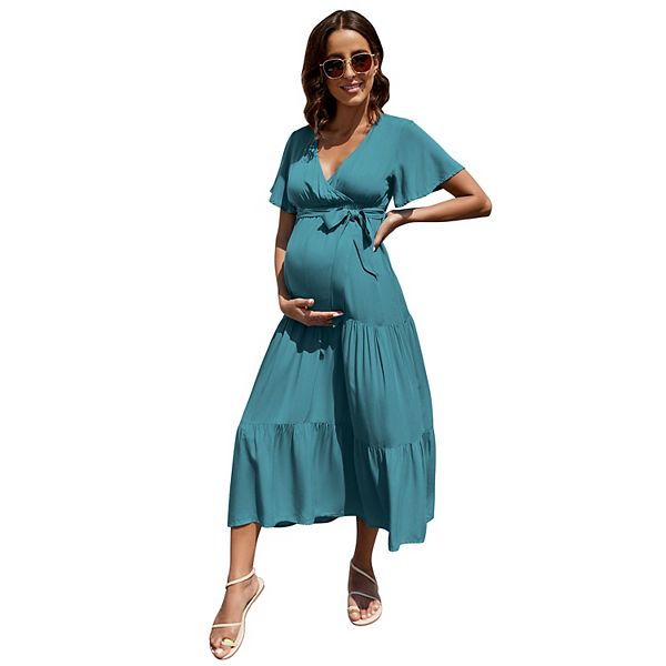 Maternity Dress Women's V-neck Long Sleeve Pleated Maxi Dress For Maternity Wear Kojooin