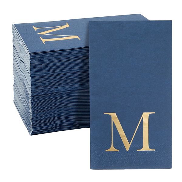 100 Pack Navy Blue Gold Foil Initial Monogram Napkins For Wedding 4x8" Sparkle and Bash