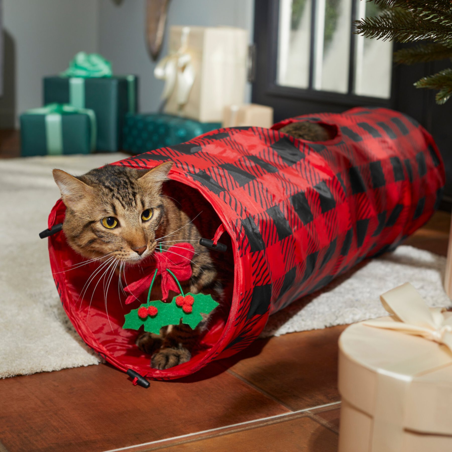 Frisco Holiday Buffalo Plaid Foldable Play Tunnel Cat Toy with Catnip Frisco