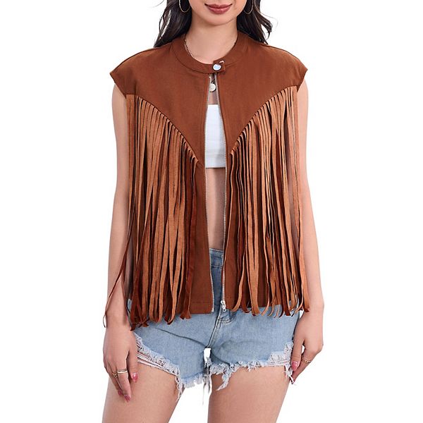 Women's Fringe Vest 70s Denim Zip Up Jacket Hippie Sleeveless Loose Tank Tops Vest Missky