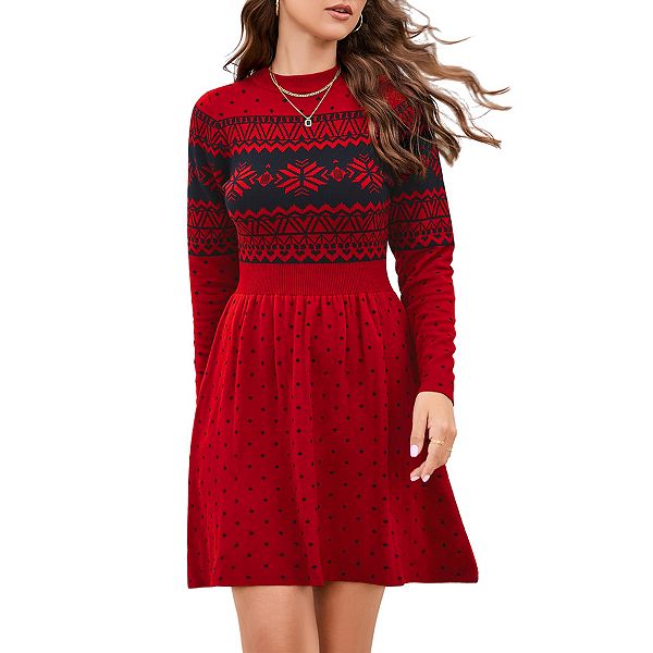 Women Long Sleeve Knitted Crewneck High Waist A-Line Cute Mini Sweater Dress Christmas Missky