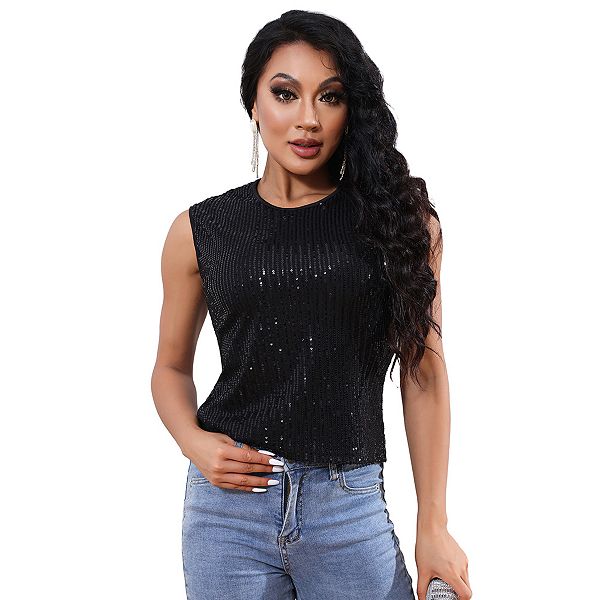 Women Sequin Tank Tops Sleeveless Sparkle Shimmer Crew Neck Vest Tops Glitter Camisole Missky