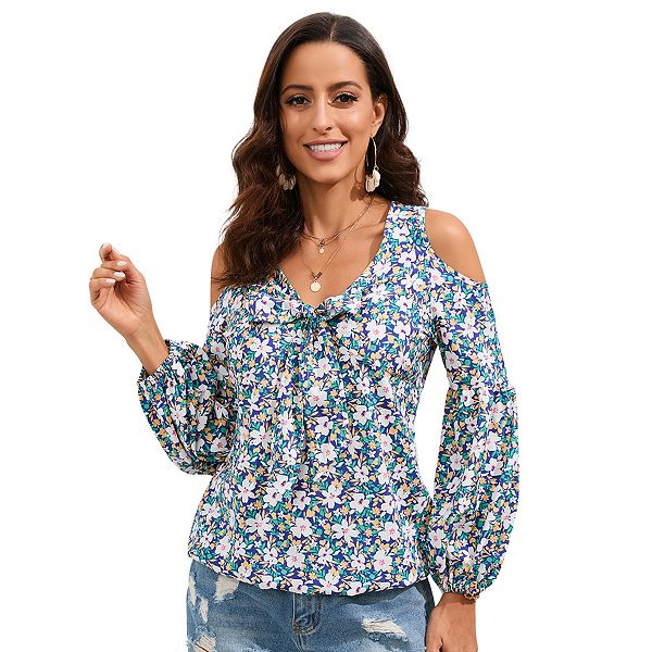 Cold Shoulder Tops For Women Long Sleeve Tie Knot Front Casual Boho Floral Blouse Shirts Missky