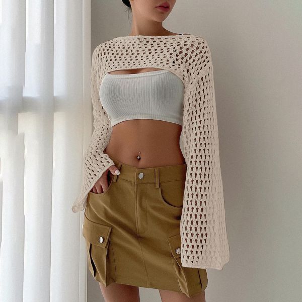 Womens Cropped Sweater Crochet Knit Crop Tops See Through Y2k Knit Sweater Beach Cover Ups Missky