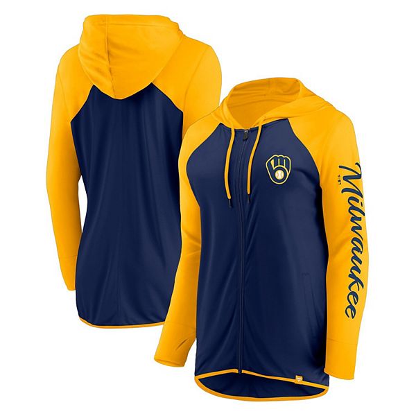 Women's Fanatics Navy/Gold Milwaukee Brewers Script Sleeve Full-Zip Hoodie Fanatics Brands - White Label