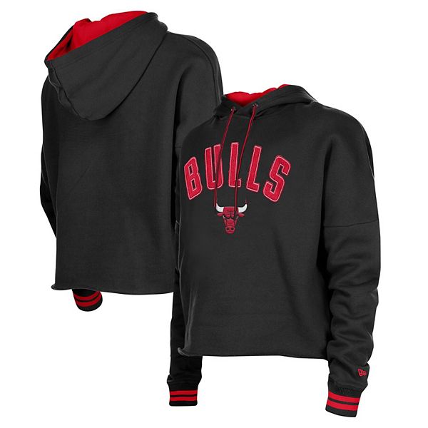 Women's New Era  Black Chicago Bulls Boxy Raw Edge Pullover Hoodie New Era