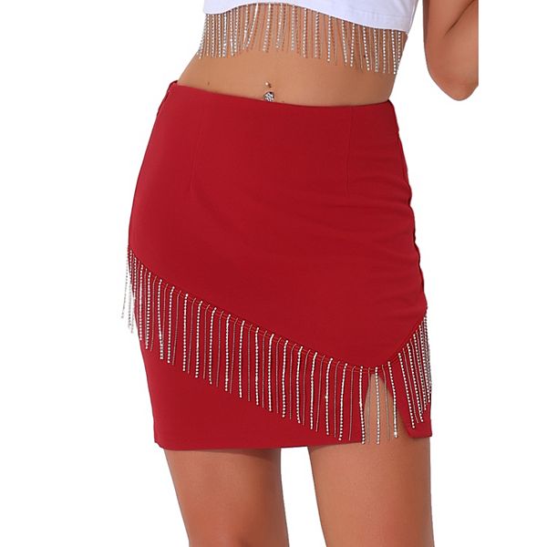 Sparkly Fringe Skirt For Women High Waist Split Mini Pencil Skirts Allegra K