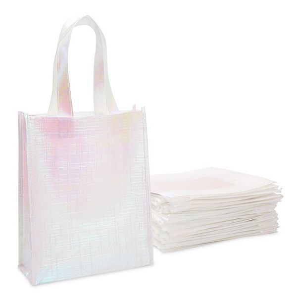 20x Reusable Gift Tote Bags With Handle, Non Woven Pink Holographic For Shopping Sparkle and Bash