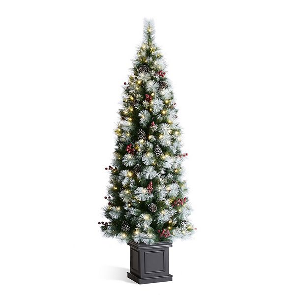 Glitzhome 6ft Pre-lit Greenery Pine Cones And Red Berries Christmas Porch Tree With 200 Leds Glitzhome